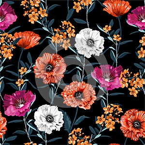 Beautiful blooming garden flowers in the night seamless pattern vector hand drwan style ,Design for fashion,fabric,web,wallpaper,