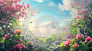 Beautiful blooming garden with pink flowers, blue sky and tropical birds. Fantastic landscape.