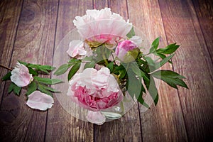 Beautiful blooming peonies with petals on a wooden table