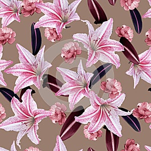 Beautiful blooming Seamless floral pattern of exotic tropical lilies flowers and leaves