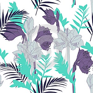 Beautiful blooming seamless pattern with grey and violet Lilies flowers and tropical leaves.