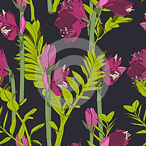 Beautiful blooming seamless pattern with pink Lilies flowers and tropical leaves.