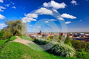 Beautiful blooming tree and the Main City of Gdansk at spring, Poland