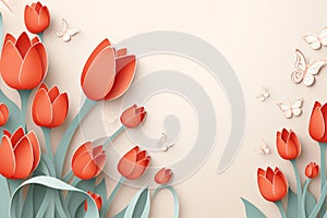 Beautiful blooming tulips paper cutouts. Modern colorful floral card template, copy space. Spring flowers banner. Happy Mothers