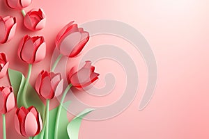 Beautiful blooming tulips paper cutouts on pink background. Modern colorful floral card template, copy space. Spring flowers