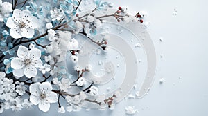 Beautiful blossoming branches on light blue background, flat lay. Space for text