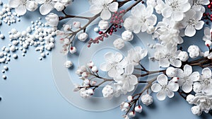 Beautiful blossoming branches on light blue background, flat lay. Space for text