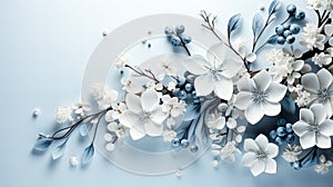 Beautiful blossoming branches on light blue background, flat lay. Space for text