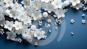 Beautiful blossoming branches on light blue background, flat lay. Space for text