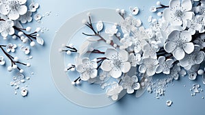 Beautiful blossoming branches on light blue background, flat lay. Space for text