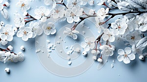 Beautiful blossoming branches on light blue background, flat lay. Space for text