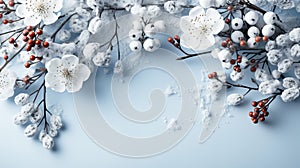 Beautiful blossoming branches on light blue background, flat lay. Space for text