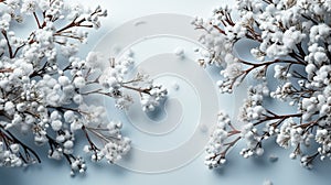 Beautiful blossoming branches on light blue background, flat lay. Space for text