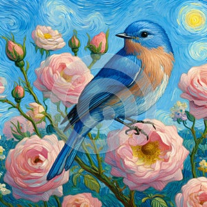 A beautiful blue bird perched on a rose bush, summer day, sunny, van gogh, painting art, animal, flower