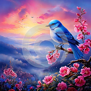 A beautiful blue bird sits on a branch blooming apple tree and sings in the sunlight