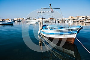 A beautiful blue boat in Marzamemi harbour, Sicily