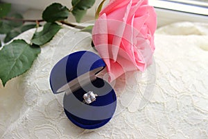 Beautiful blue box with wedding ring.White shoes. wedding shoes. Bride`s high heels. The fees of the bride. Wedding jewelry.