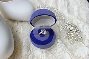 Beautiful blue box with wedding ring.White shoes. wedding shoes. Bride`s high heels. The fees of the bride. Wedding jewelry.