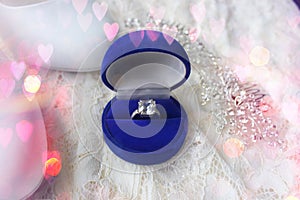 Beautiful blue box with wedding ring.White shoes. wedding shoes. Bride`s high heels. The fees of the bride. Wedding jewelry.