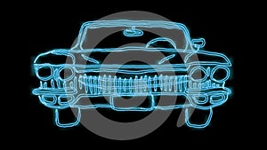 Beautiful blue bright glowing abstract neon sign of a powerful fast old retro American classic car from the 60s, 70s, 80s, 90s