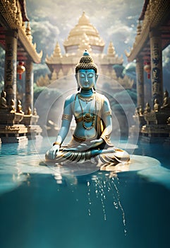 beautiful blue Buddha statue in gold wearings in Samadhi against mountain temple and ocean water. Digital artwork