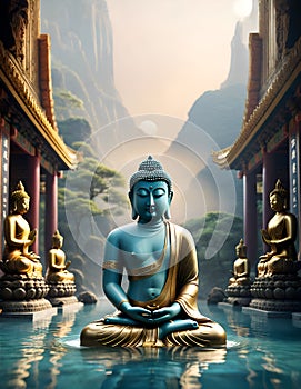 beautiful blue Buddha statue in gold wearings in Samadhi against mountains and ocean water. religion concept. Digital artwork. Ai