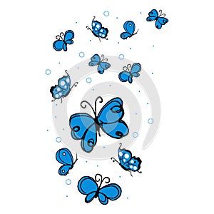 Beautiful blue butterflies illustration on white background. hand drawn vector. flying butterfly for wallpaper, poster, banner, st