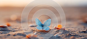 Beautiful Blue Butterfly Resting on Sand. Close-up Macro Shot with Ample Copy Space