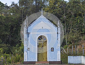 A beautiful blue chapel on the route of pilgrimage the Path of Faith. Consolação, Minas Gerais State, Brazil.