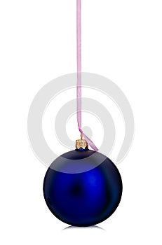 Beautiful blue Christmas ball hanging with pink ribbon on a white background.