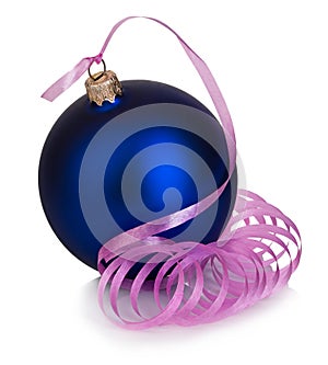 Beautiful blue Christmas ball with pink ribbon close-up isolated on a white background.