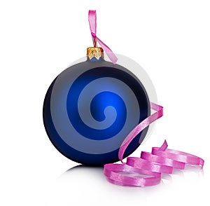 Beautiful blue Christmas ball with pink ribbon close-up isolated on a white background.