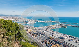 Beautiful Blue commerce in the industrial shipping ports of Spain in Barcelona.