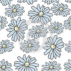 Beautiful blue daisy flowers on whote background. Seamless pattern