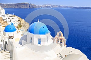 Beautiful Blue domed chuch in Oia village, Santorini island