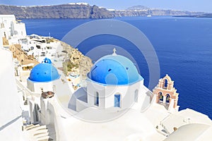 Beautiful Blue domed chuch in Oia village, Santorini island