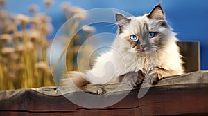 A beautiful blue-eyed Ragdoll Cat lounging on a wooden fence in a garden