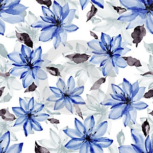 Beautiful blue flowers with leaves on white background. Seamless floral pattern. Watercolor painting.