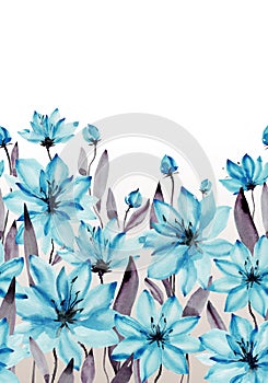 Beautiful blue flowers with stems and leaves on white background. Seamless floral pattern. Watercolor painting.