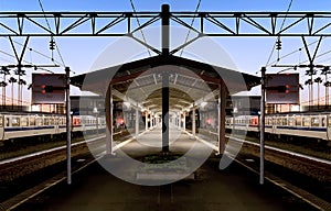 Beautiful blue hour time on a pentagon platform of local train statio