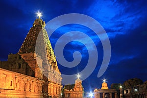 Beautiful blue hour view of Brihadeeshwara temple built by Chola Kings, Thanjavur