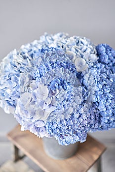 Beautiful blue hydrangea flowers in a vase on a table . Bouquet of light pink flower. Decoration of home. Wallpaper and