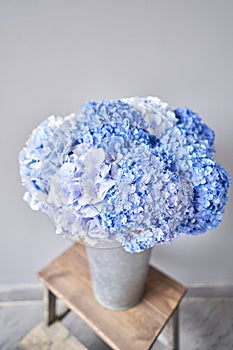 Beautiful blue hydrangea flowers in a vase on a table . Bouquet of light pink flower. Decoration of home. Wallpaper and