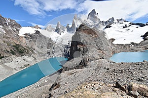 Beautiful blue Laguna de Los Tres in National Park in El Chalten, Argentina, Patagonia with Fitz Roy Mountain in background