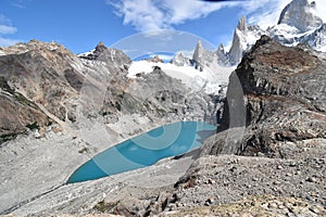 Beautiful blue Laguna de Los Tres in National Park in El Chalten, Argentina, Patagonia with Fitz Roy Mountain in background