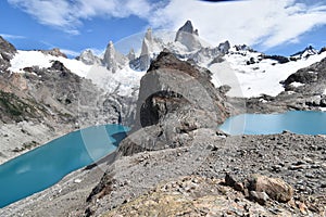 Beautiful blue Laguna de Los Tres in National Park in El Chalten, Argentina, Patagonia with Fitz Roy Mountain in background