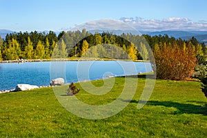 Beautiful blue Lake, colorful autumn trees and