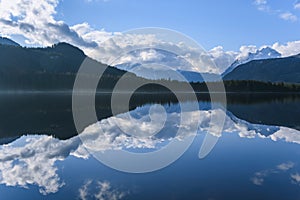 Beautiful blue lake with surrounding mountains reflecting back