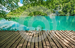 Beautiful blue lake and waterwalls in plitvice national park