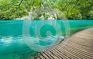 Beautiful blue lake and waterwalls in plitvice national park